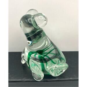 Vintage Clear Glass Art Frog with Green Swirls Paperweight 3" Tall